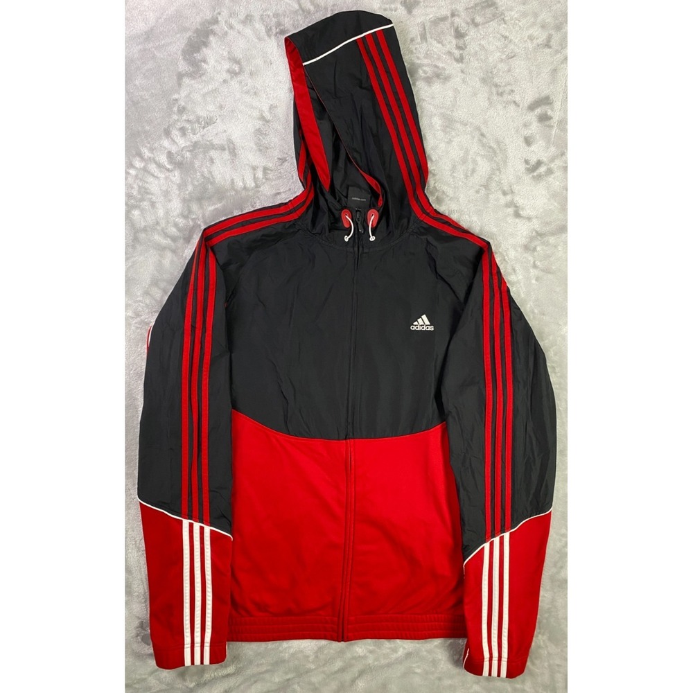 Adidas Windbreaker Jacket Men 2XL Black Red O22419 Full Zip Hooded Athletic